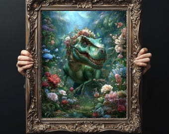 恐竜アートプリントポスター、花柄T-rexティラノサウルス壁飾り、恐竜愛好家、子供部屋