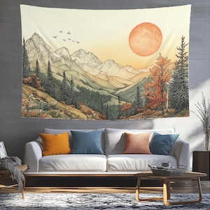Mountain Landscape Tapestry - Vintage Nature Decor, Boho Wall Art, Rustic Botanical Mountain Hanging, Serene Sunset Wall Tapestry, Indoor