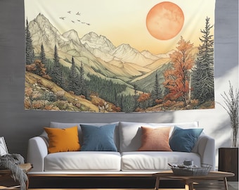 Vintage Mountain Landscape Tapestry – Rustic Boho Wall Decor