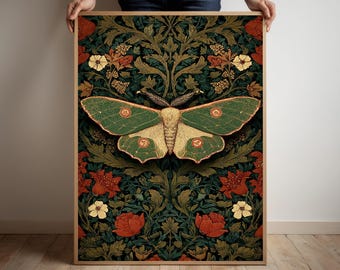 Impression d'art botanique Luna Moth | Décoration inspirée de William Morris