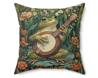 Frog Playing Banjo Pillow, Musical Amphibian Faux Suede Throw Cushion