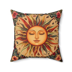 Almofada de rosto de sol boho - Almofada celestial, decoração de deusa do sol, almofada de inspiração vintage, decoração de casa, almofada boho