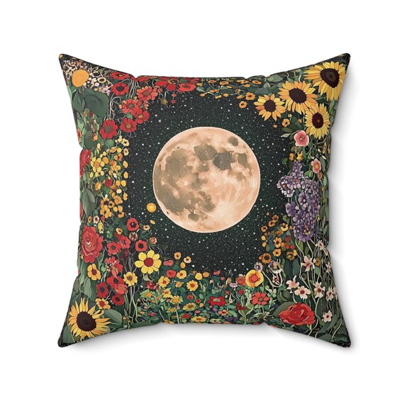 Boho Floral Moon Pillow, Celestial Botanical Art Cushion, Moon