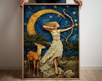 Artemis Goddess Matte Poster, Boho Celestial Artemis Print Wall Art, Nature Decor, Fairy Tale