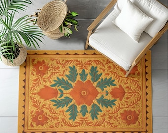 Boho Floral Area Rug, Orange Teal Botanical Carpet, Vintage Style