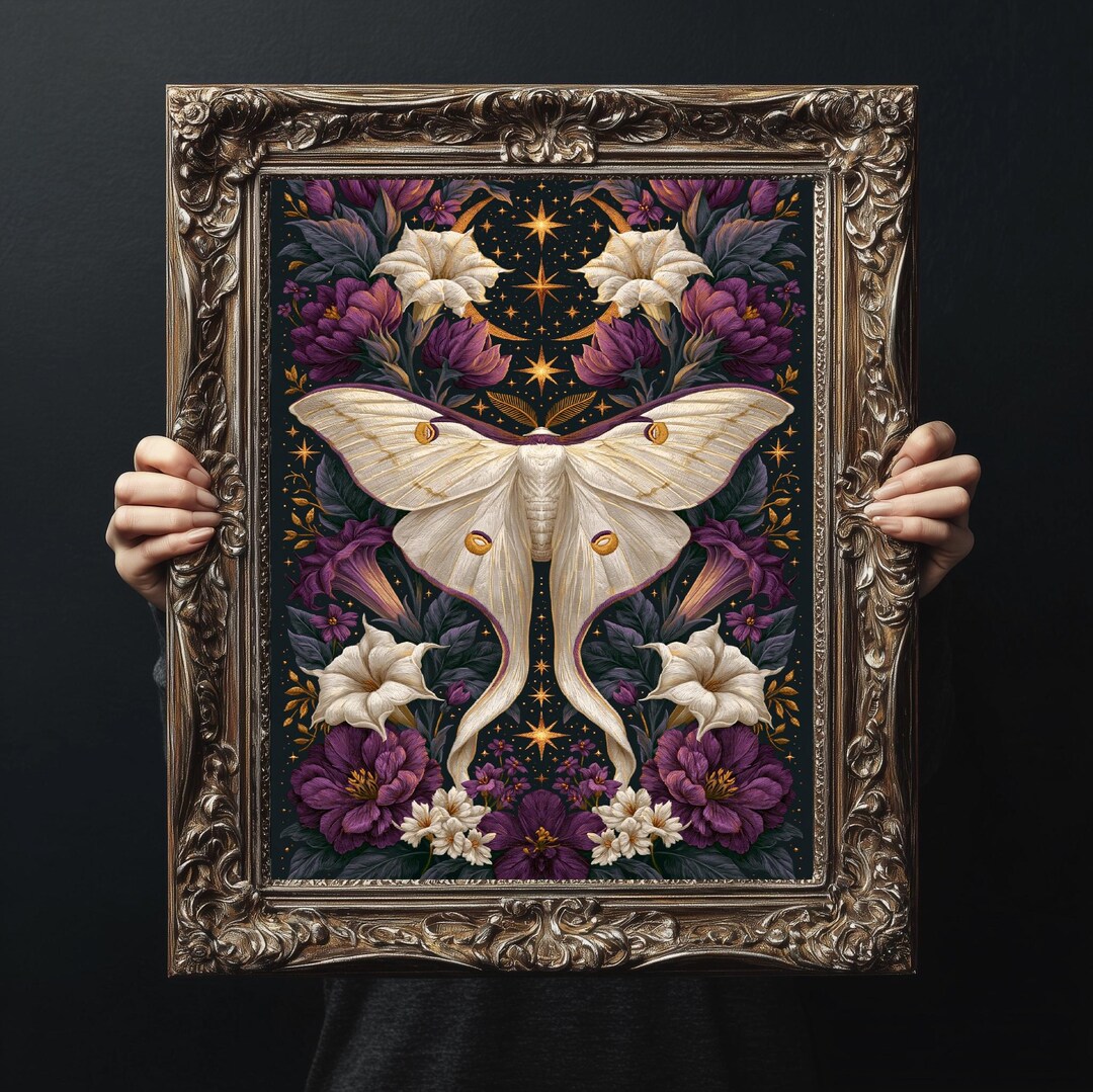 White Luna Moth Floral Wall Art Poster Matte Vertical Print | Botanical ...