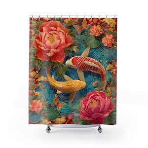 Vibrant Koi  Floral Fish Shower Curtain, Crimson Bohemian Bathroom Decor, Japanese Style, Floral Art, Home Decor, Gift for Her