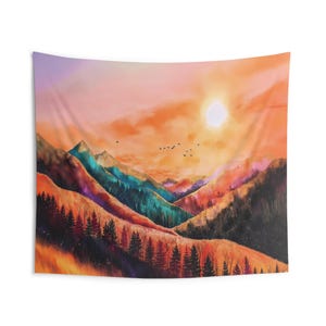 Sunset Mountain Valley Tapestry - Colorful Boho Landscape Wall Hanging, Indoor Wall Tapestries, Peaceful Mountain Art, Bohemian Sunset