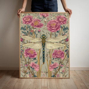 Botanical Dragonfly Poster Print, William Morris Boho Vintage Insect Home Decor, Nature Wall Art, Floral Print, Gift for Garden Lovers