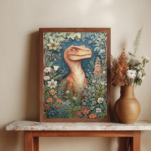 Dinosaur Wall Art Print Floral Poster | Retro Decor, Kids Room Unique Art , Dino Lovers, image 2