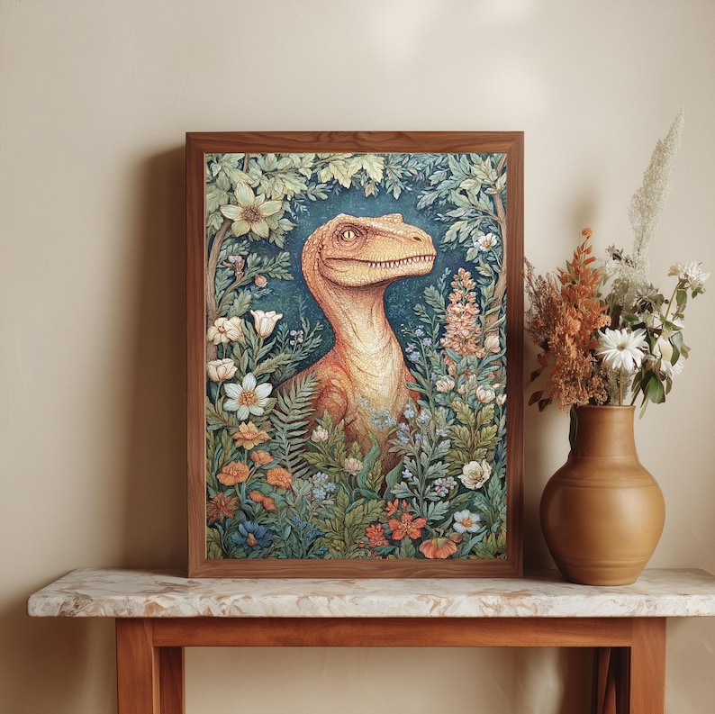 Dinosaur Wall Art Print Floral Poster | Retro Decor, Kids Room Unique Art , Dino Lovers, image 2