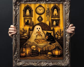Spöke och svart kattpizzaposter | Matt vertikalt tryck, Halloween-väggkonst