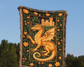 Medieval Dragon Tapestry Blanket | Fantasy Woven Cotton Throw
