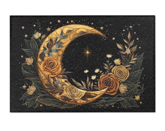 Boho bloemen Moon Crescent Witchy tapijt, Gothic Celestial Cottagecore Area-tapijt, zwart ontwerp