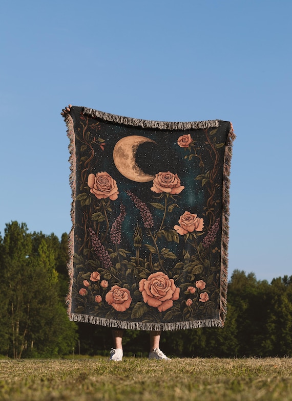 Cosmic Floral Woven Crescent Moon Blanket, Boho Throw Blanket