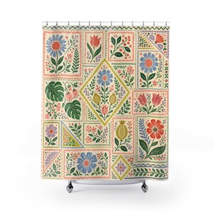 May include: A shower curtain featuring a cream-colored background with a repeating patchwork pattern of various floral and botanical illustrations. The design includes blue daisies, red tulips, green monstera leaves, and yellow pomegranates.