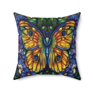 Bohemian Butterfly Pillow - Colorful Insect Cushion, Art Nouveau Decor, Square Throw Cushion, Vibrant Butterfly Pillow, Faux Suede Case