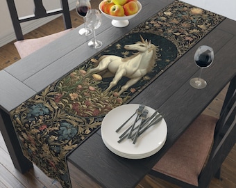 Unicorn Tapestry Table Runner | William Morris Inspired Floral Medieval Motif