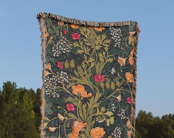 Manta tejida floral bohemia, estampado rústico de hojas, manta de algodón