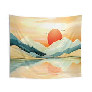Sunset Mountain Tapestry, Scenic Landscape Boho Wall Hanging, Nature-inspired Decor, Minimalist Wall Art, Indoor Tapestries for Bedroom