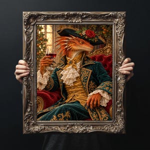 May include: A framed portrait of an orange dragon person wearing a dark green velvet coat with gold embroidery, a yellow vest, and a white lace cravat. The dragon wears a dark hat with a red rose and holds a glass of red wine while seated.