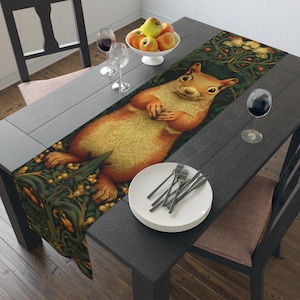 Woodland Squirrel Artwork Table Runner | Botanical Scroll Design