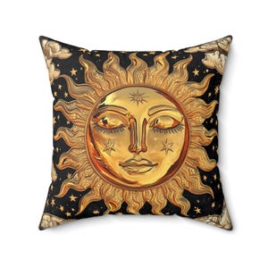 Sun Pillow , Gold Pillow, Decorative Cushion , Faux Suede , Bohemian Decor, Celestial Home Accent, Sun Lover Gift, Astrology Cushion