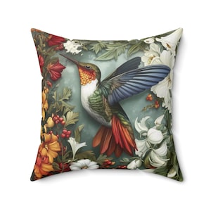 Hummingbird Pillow ,  Vibrant Floral Home Humming bird Decor, Nature Lover Gift, Boho Chic Accent Faux Suede Square Pillow, Living Room