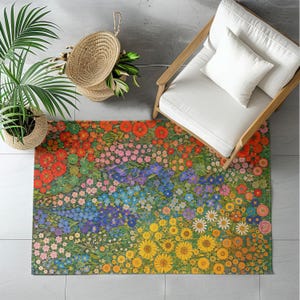 Gustav Klimt Inspired Vintage Floral Area Rug | Colorful Botanical Flower Meadow Carpet Pattern image 11
