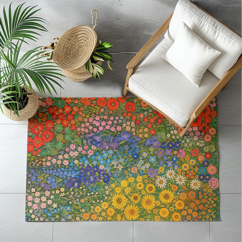 Gustav Klimt Inspired Vintage Floral Area Rug | Colorful Botanical Flower Meadow Carpet Pattern image 11