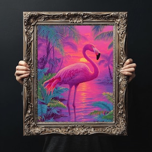 Tropical Flamingo Poster Print , Vintage Decor, Sunset Pink Wall Art, Beach House