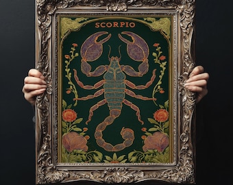 May include: Ornate framed art print featuring a detailed illustration of a scorpion, the zodiac sign for Scorpio. The scorpion is in shades of brown, teal, and purple, set against a dark green background with floral accents. The word "SCORPIO" is at the top.
