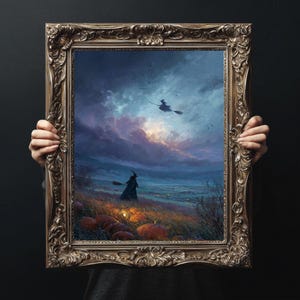 Mystical Witch Print Vertical Poster, Pumpkin Field, Halloween Decor, Witchy Wall Art, Dark Fantasy Print, Home Décor, Gift for Witch Lovers
