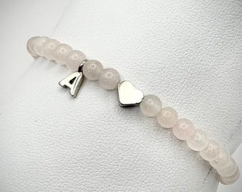 Handmade Rose Quartz Bracelet with Initial and Heart Charm