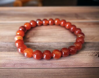 Carnelian Banded 8mm Round Beads Crystal Stretchy Bracelet 7"