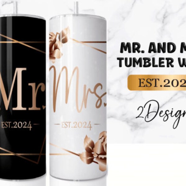 Mr. and Mrs. Wedding Tumbler Wrap,Hubby and Wifey Est.2023 Sublimation Designs,Bride Tumbler PNG,Groom Tumbler Wrap,20oz Skinny Tumbler PNG
