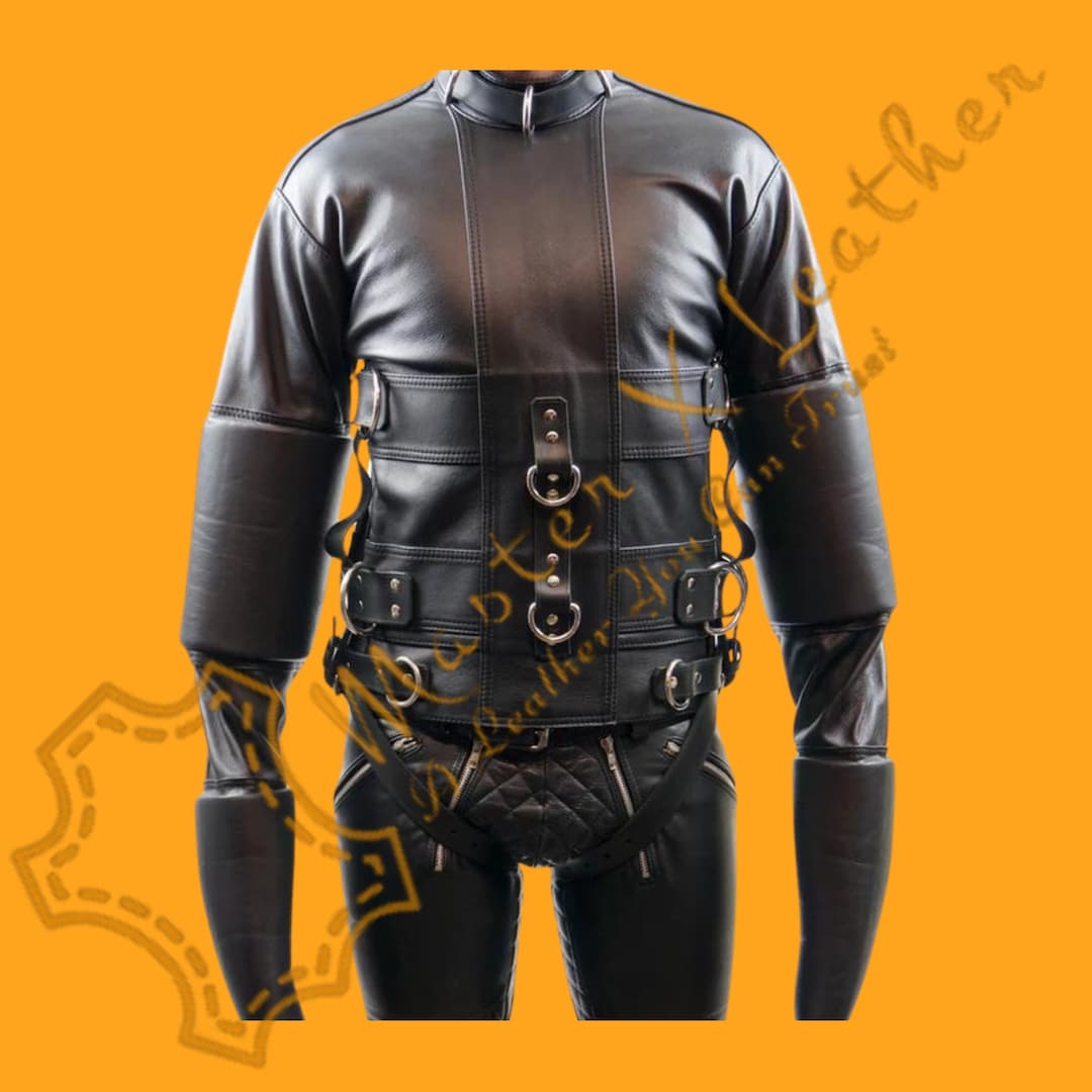 BDSM Leather Strait Jacket With Bondage Pents & Mask for Men