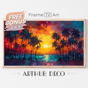 Vibrant Frame TV Art Palm Trees Painting, Summer Beach Sunset art, Abstract Tropical Art for Frame TV Textured Modern Sunset Seascape