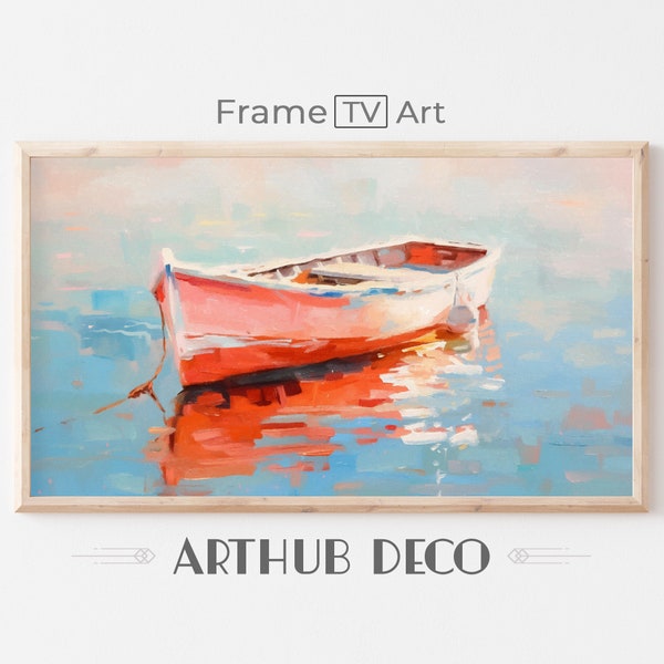 Samsung Frame TV Art Boat Coastal Decor Calm Water Abstract Painting Instant Download Wall Art