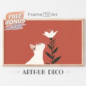 FRAME TV Modern Art Digital Download, Cute Cat Wall Art, Samsung Frame TV Animals Minimalistic Art, Simple Colors, Cats And Flowers