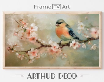 Samsung Frame TV Spring Art A chaffinch on a branch of blooming cherry blossoms soft pastel hues gentle brushstrokes oil painting digital