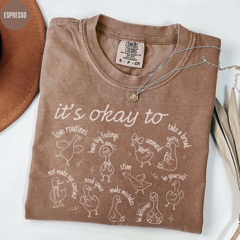 May include: Espresso-colored Comfort Colors t-shirt with the phrase "it's okay to" and various affirmations, along with whimsical duck illustrations. A silver necklace with a pendant is draped across the shirt.