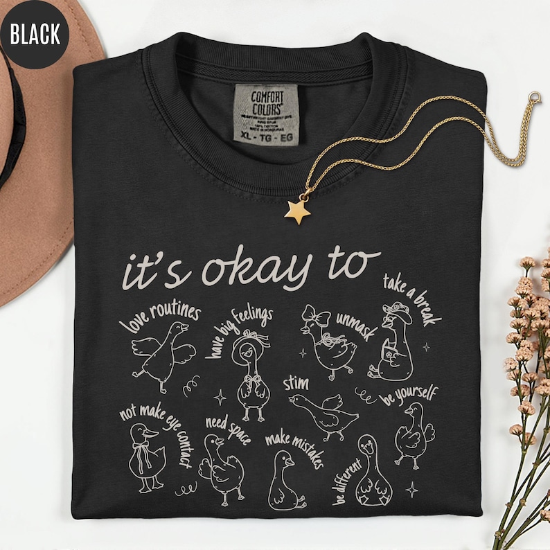 May include: Black Comfort Colors t-shirt with the phrase "it's okay to" and various affirmations, each paired with a whimsical duck illustration. A gold star pendant necklace rests on the shirt.