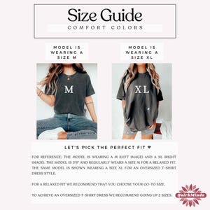 May include: Size guide graphic with the text "Size Guide Comfort Colors". Two models are shown wearing a size M and XL t-shirt. The text "Let's pick the perfect fit" is also included. The brand name "QuirkMinds" is in the bottom right corner.