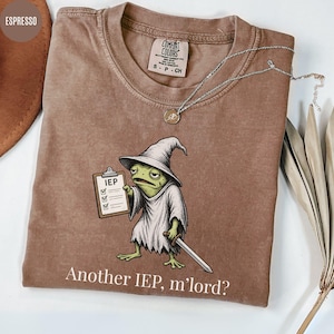 May include: Espresso-colored t-shirt featuring a cartoon frog dressed as a wizard, holding a clipboard labeled "IEP" and a sword. The text "Another IEP, m'lord?" is printed below the frog. A silver necklace with a pendant is draped on the shirt.