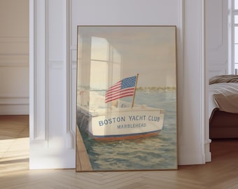 Water color print Vintage Yacht American Flag Poster Old Money Wall Art Coastal Print Trend Patriotic Art Navy & Red Coastal Print Nantucket