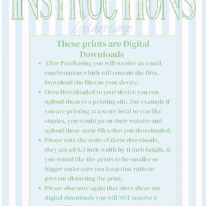 Puede incluir: Una hoja de instrucciones de descarga digital con texto verde sobre un fondo a rayas azul claro. El texto incluye informaci&oacute;n sobre la descarga e impresi&oacute;n de los archivos, con dimensiones de 21,6 cm por 27,9 cm.