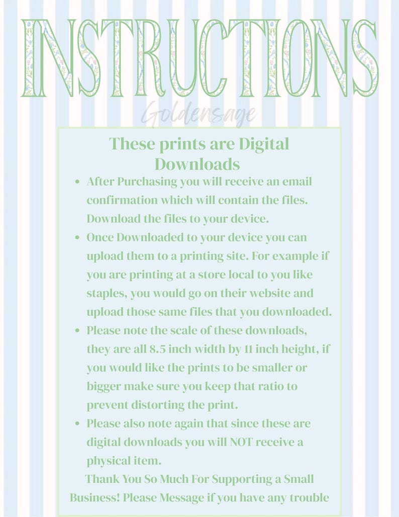 Puede incluir: Una hoja de instrucciones de descarga digital con texto verde sobre un fondo a rayas azul claro. El texto incluye informaci&oacute;n sobre la descarga e impresi&oacute;n de los archivos, con dimensiones de 21,6 cm por 27,9 cm.