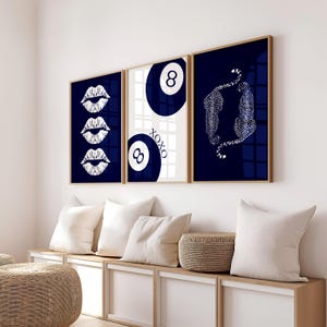 Navy Wall Art Navy Prints Set Retro 8 Ball Poster Navy Blue Cheetah Print Navy Blue Kiss Lips Design Digital Prints Dorm Decor Room Decor