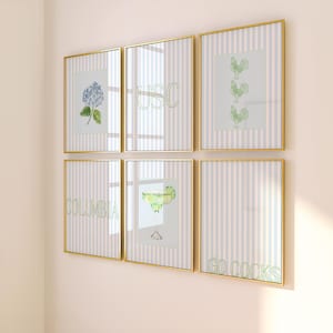 May include: Six framed prints with a striped background. The prints feature a hydrangea flower, the letters USC, three green roosters, the word COLUMBIA, a margarita glass, and the words GO COCKS.